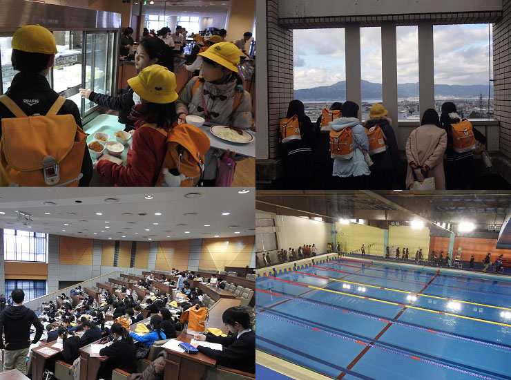 大学生と一緒に学食体験（左上）、屋上からは琵琶湖まで一望できます（右上）、ローム記念館大会議室でまとめ（左下）、プール見学（右下）